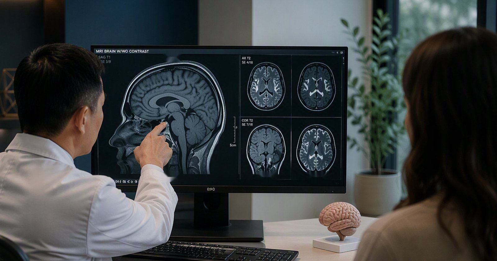 A neurologist points to a patient's brain MRI on screen, walking her through the images side by side during a neurological evaluation.