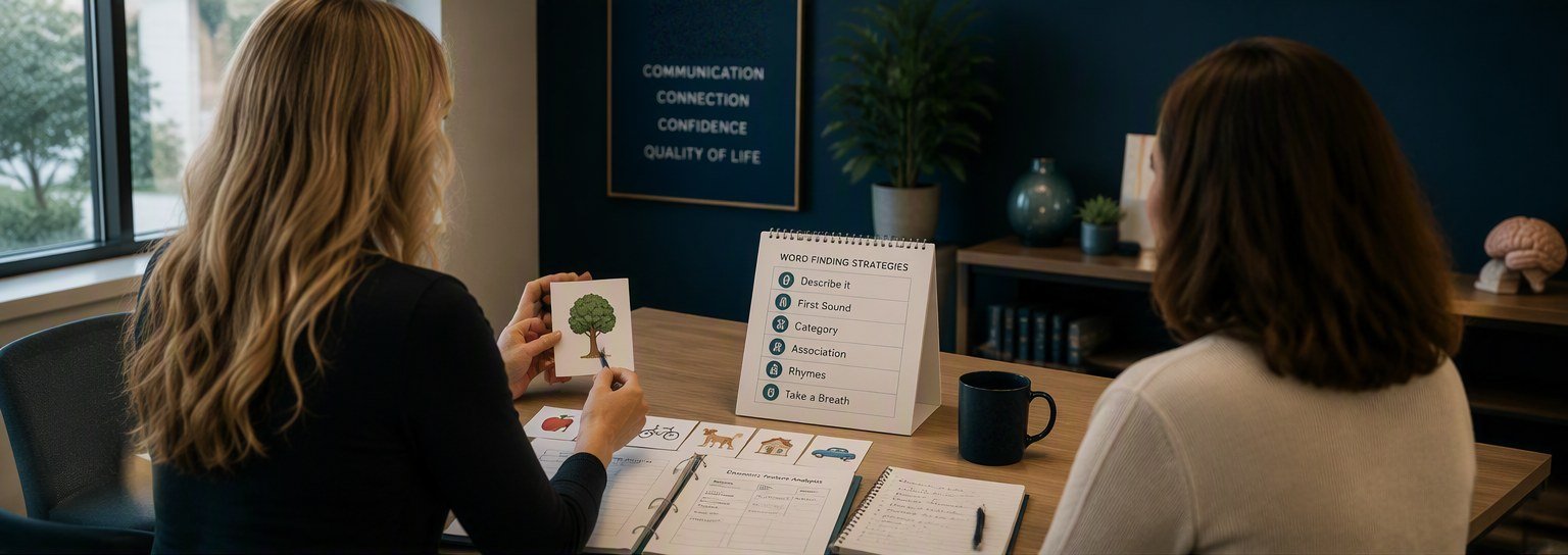 A speech-language pathologist holds up a picture card during a naming task, with word-finding strategies listed on a card standing on the table between her and her patient.