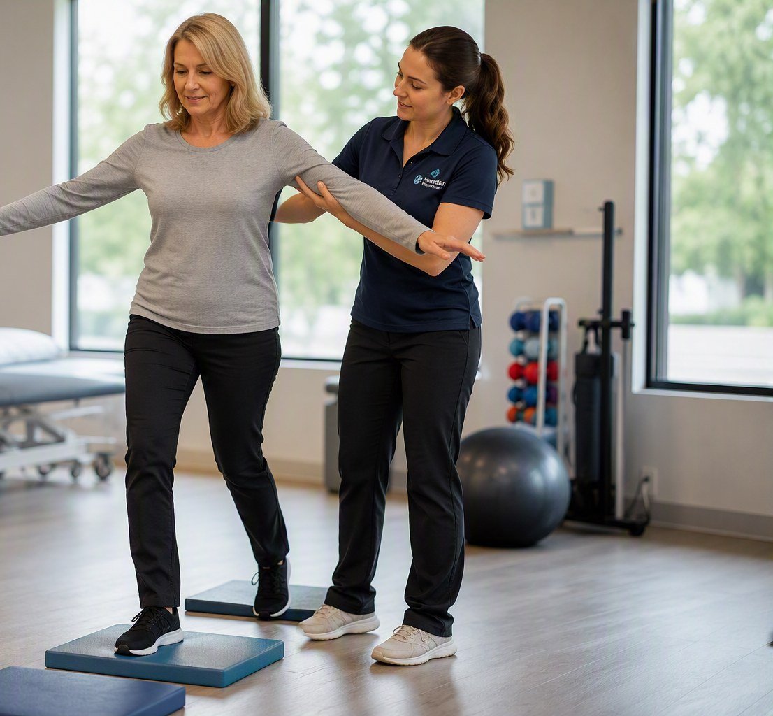 A neuro-vestibular physical therapist steadies a patient practising balance on foam pads during a vestibular rehabilitation session.