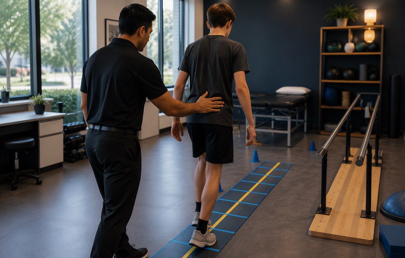 A physical therapist guards a patient with a hand at his lower back as he walks a taped line during gait and balance retraining, with parallel bars and cones set up nearby.